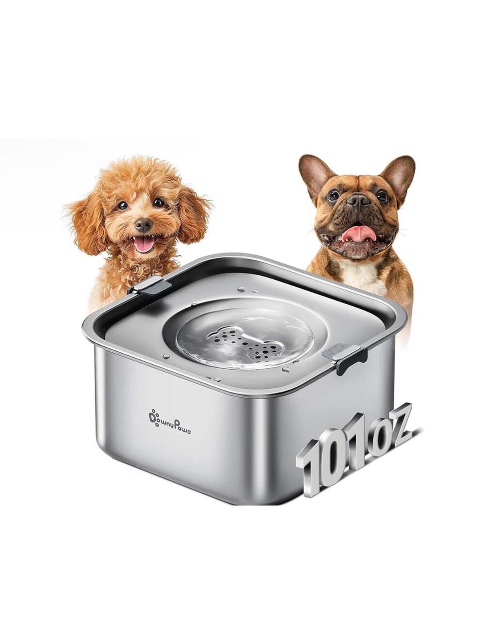 DownyPaws No Spill Water Bowl for Dogs, 101oz/3L Stainless Steel with Slobber